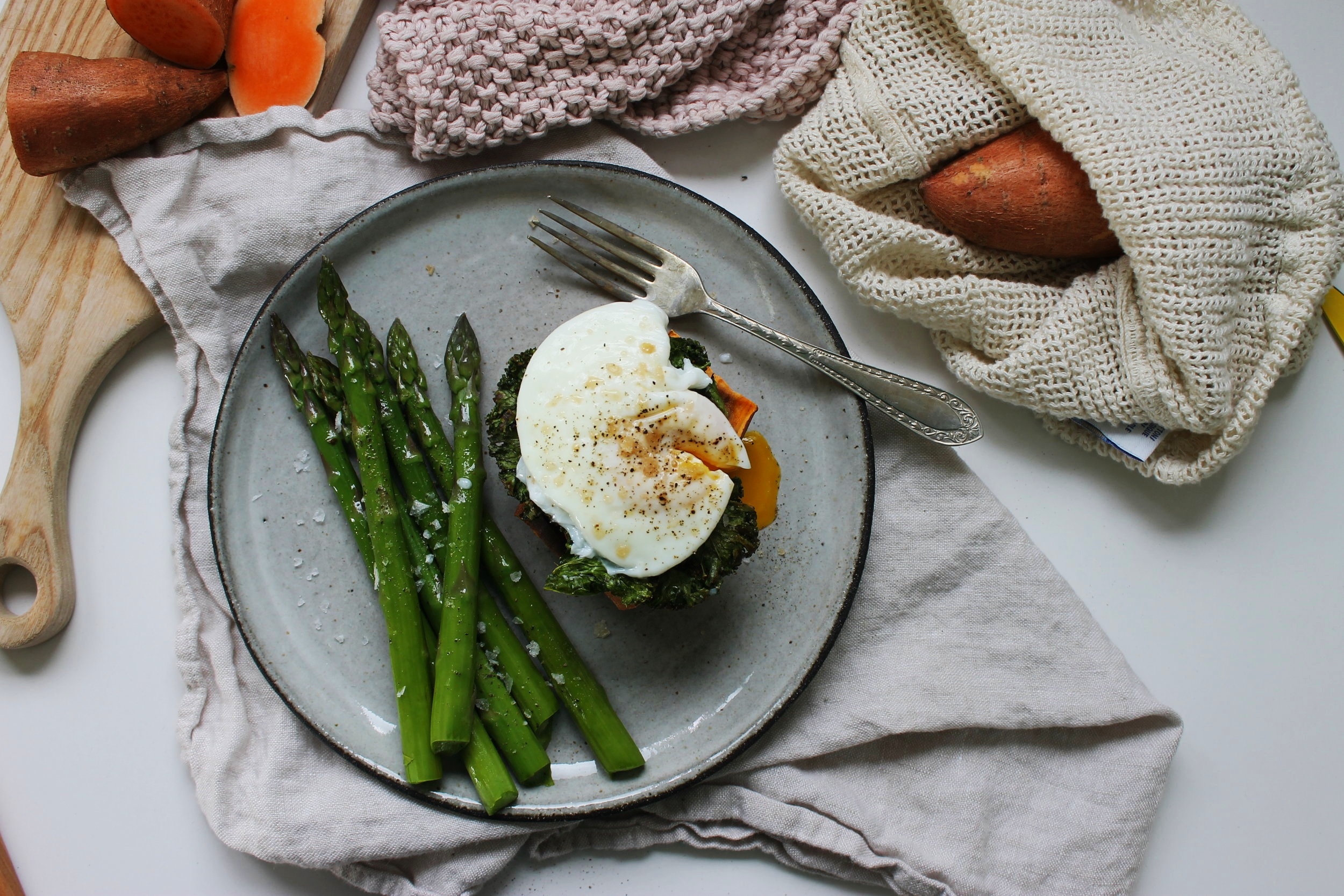 Sweet potato stacks with crispy kale and poached eggs | Beloved Kitchen