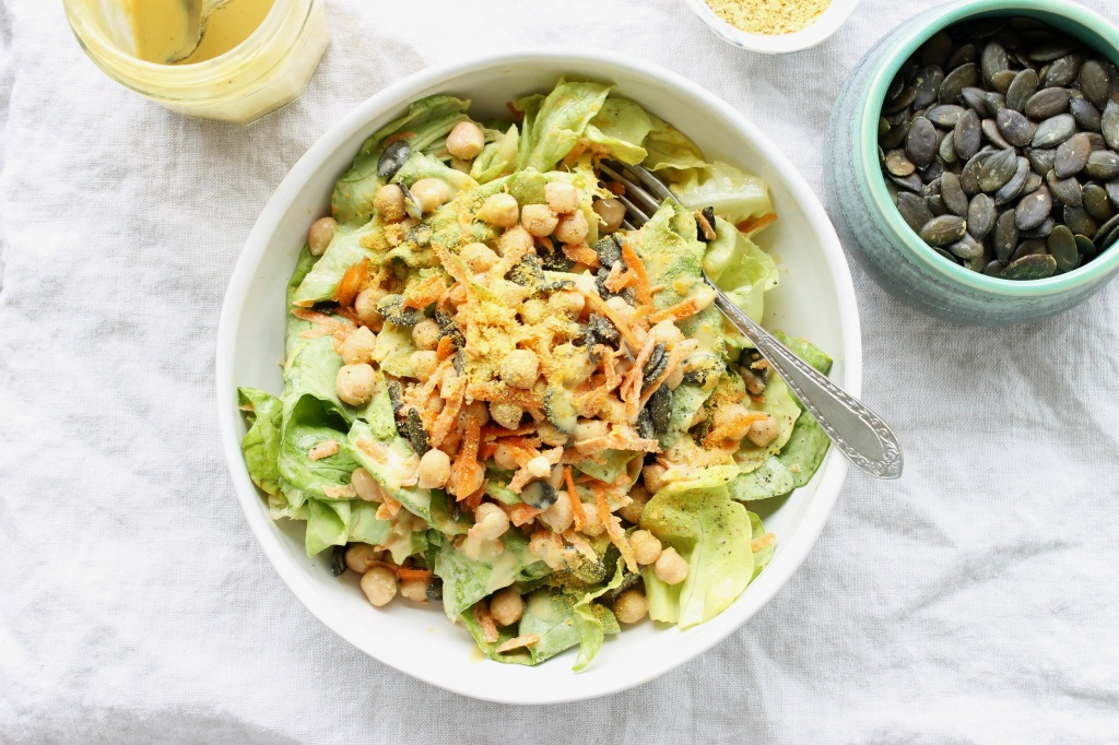 Super green salad with creamy cashew dressing